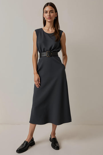 Navy A Line Satin Tea Length Work Dress with Belt